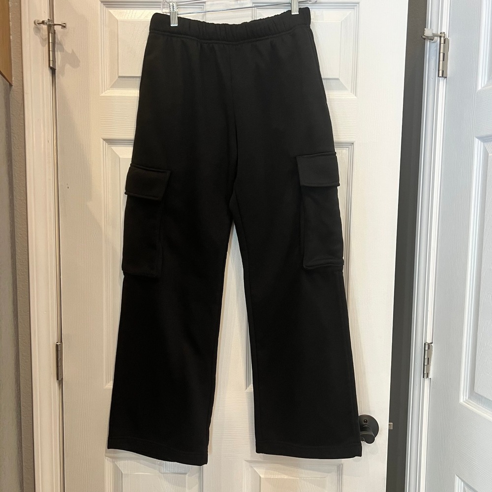 Refuge Cargo Sweatpants Fleece Black Wide Leg Streetwear Utility Gorpcore Y2K L